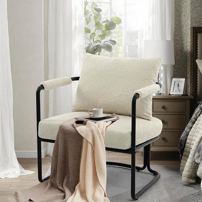 Single Accent Chair for Living Room, Mid Century Modern Upholstered Reading Armchair for Bedroom, Office, with Comfy Chenille Cushion & Metal Frame, Cream Beige