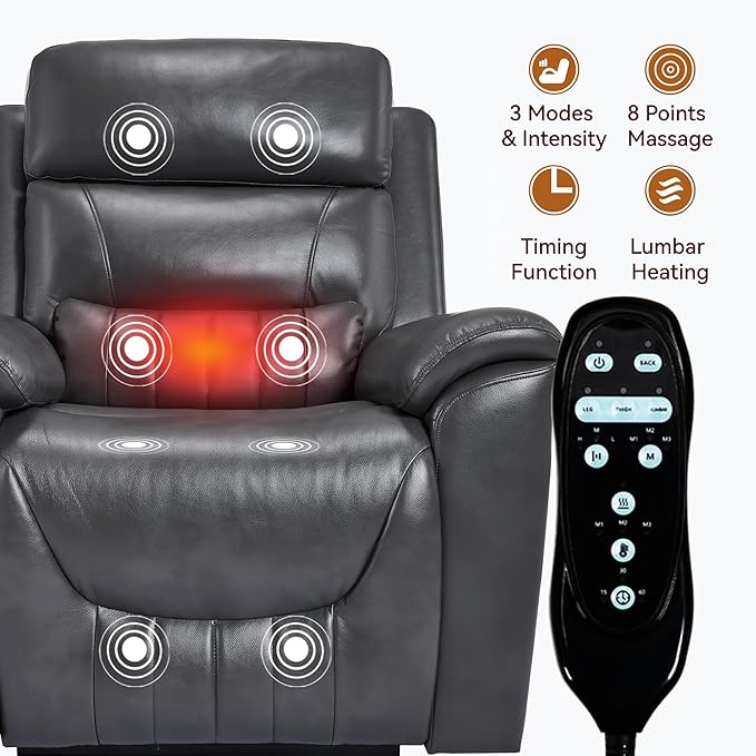 PELUMY Power Lift Recliner Chair for Elderly with Massage and Heat, Dual Motor Heavy Duty 350lbs Recliner, 8-Point Vibration & Lumbar Heating, Electric Lift Chair (Breathable Leather, Dark Grey)