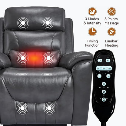 PELUMY Power Lift Recliner Chair for Elderly with Massage and Heat, Dual Motor Heavy Duty 350lbs Recliner, 8-Point Vibration & Lumbar Heating, Electric Lift Chair (Breathable Leather, Dark Grey)