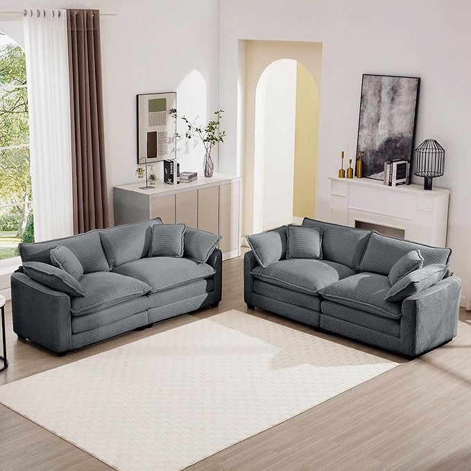 mikibama Luxury 2 Piece Sofa Set, 2 Pieces of Loveseat Couch, Modern Corduroy Comfy Cloud Couches Set for Living Room Office with 4 Armrest Pillows and 4 Toss Pillows, Grey