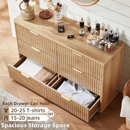LEYAOYAO Fluted 6 Drawers Dresser Set of 2, 48" Wide Modern Chest of Drawers with Wood Grain Top, Curved Profile Design, Dresser TV Stand, Wooden Drawer Organizer for Bedroom, Living Room,Natural
