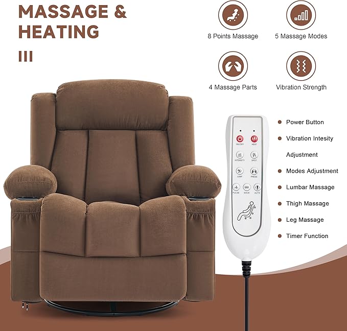 Power Swivel Rocker Recliner Chair with Heat and Massage, USB and Type-C Charging Port, Electric Glider Rocking Chairs, Oversized Recliner Chairs for Adults(Fabric, Brown)