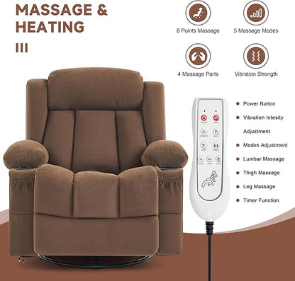 Power Swivel Rocker Recliner Chair with Heat and Massage, USB and Type-C Charging Port, Electric Glider Rocking Chairs, Oversized Recliner Chairs for Adults(Fabric, Brown)