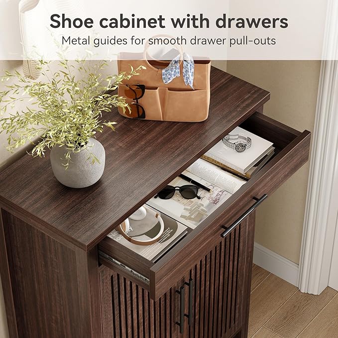 LITTLE TREE Narrow Storage Shoe Rack, 6-Tier Wooden Shoe Cabinet with Drawer, Freestanding Slim Shoe Cabinet Shoe Organizer for Entryway, Hallway, Closet, Bedroom, Living Room, Walnut