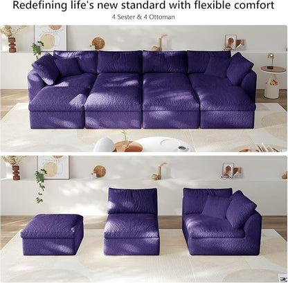 138" Boneless Cloud Couch Modular Sectional Sofa with Deep Seat for Living Room, L Shape Couch with Ottoman, Snowflake Cloth and 40D Memory Sponge，2 Throw Pillows (Purple, 4 Seater+4 Ottoman)