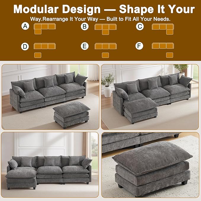 111.4" L-Shaped Cloud Chenille Sectional with Reversible Chaise, Flexible 3+1 Layout for Large Spaces, Deep Seat and Free Pillows Included