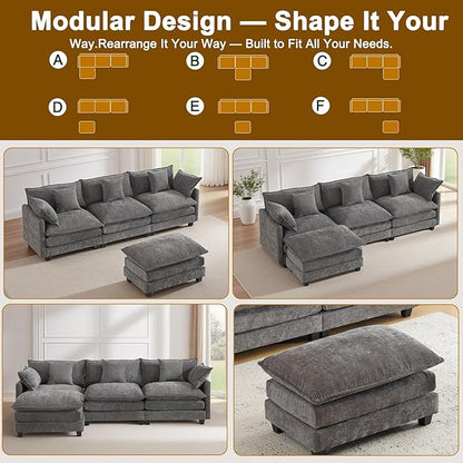 111.4" L-Shaped Cloud Chenille Sectional with Reversible Chaise, Flexible 3+1 Layout for Large Spaces, Deep Seat and Free Pillows Included