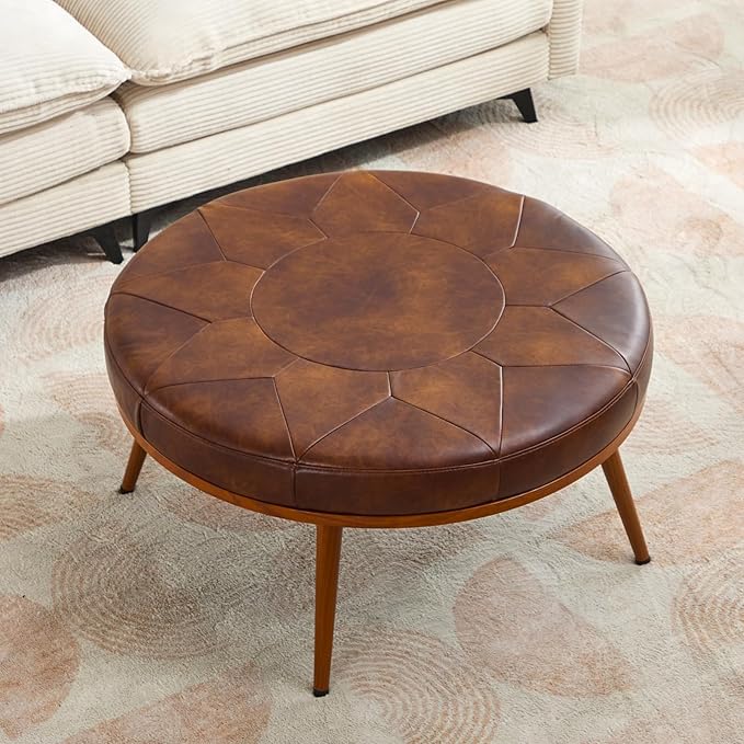 Round Ottoman Coffee Table, Large Faux Leather Cushioned Footstool Ottoman,Stationary Ottomans, Backless Chair, Footrest for Living Room, Bedroom, Padded Seat, Brown
