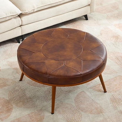 Round Ottoman Coffee Table, Large Faux Leather Cushioned Footstool Ottoman,Stationary Ottomans, Backless Chair, Footrest for Living Room, Bedroom, Padded Seat, Brown