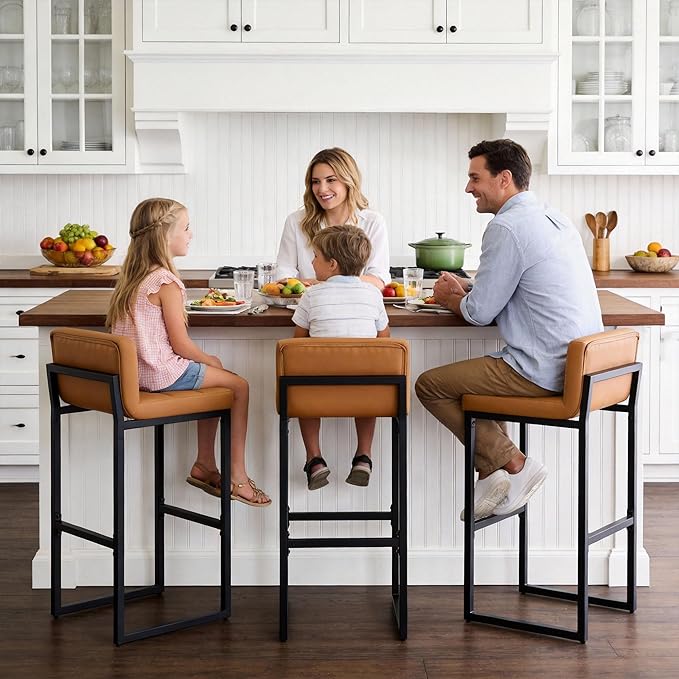 Set of 3 Bar Stools, PU Leather Barstools, 30" Modern High Counter Stools with Back and Thickened Metal Legs, Upholstered Island Chairs for Kitchen Island (Caramel Brown, 3Pcs 30" Bar Stools)