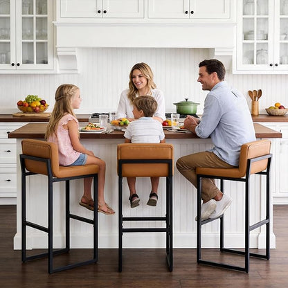 Set of 3 Bar Stools, PU Leather Barstools, 30" Modern High Counter Stools with Back and Thickened Metal Legs, Upholstered Island Chairs for Kitchen Island (Caramel Brown, 3Pcs 30" Bar Stools)
