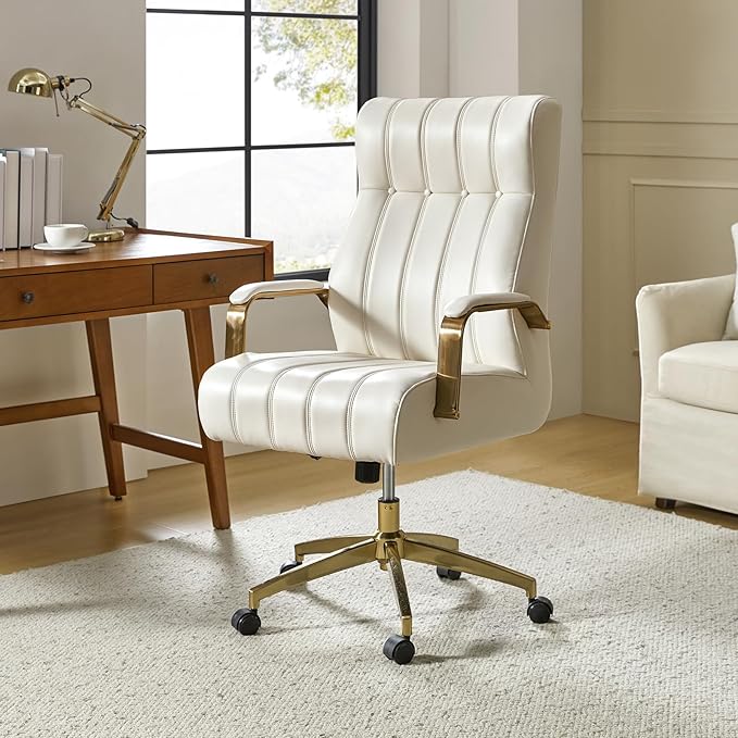 HULALA HOME Modern Executive Office Chair, Faux Leather Tufted Ergonomic Desk Chair with Gold Plated Base & Armrests, 360° Swivel Adjustable Height Tilt Home Office Chair for Work/Study