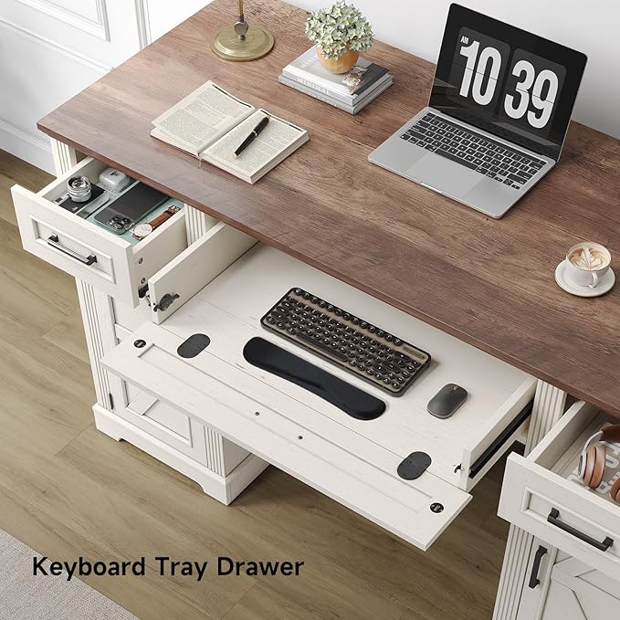 ONBRILL 55 inch Farmhouse Executive Desk with Drawers, Home Office Desk with File Cabinet, Outlets, Storage Cabinet, Keyboard Tray, Wood Computer Desk for Work Study Writing, Off White & Walnut
