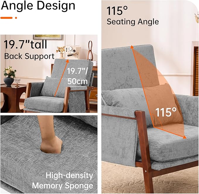 Accent Chair Mid-Century Modern with Lumbar Support Pillow, Upholstered Living Room Chairs with Wooden, Chenille Armchair with Cushion, Anthropologie Side Chair for Bedroom, Light Grey