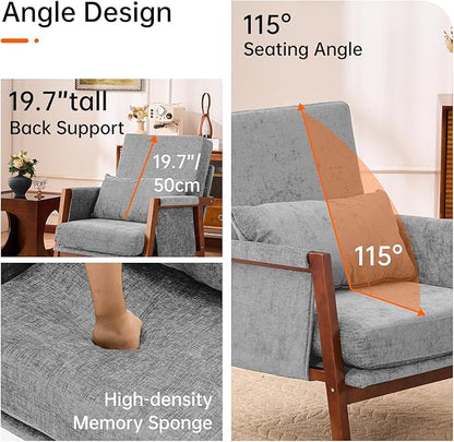 Accent Chair Mid-Century Modern with Lumbar Support Pillow, Upholstered Living Room Chairs with Wooden, Chenille Armchair with Cushion, Anthropologie Side Chair for Bedroom, Light Grey