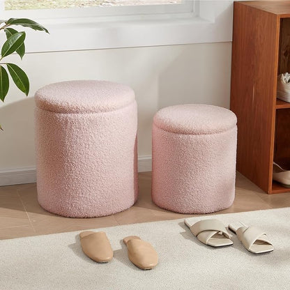 Royal Windsor Boucle Round Ottoman with Storage Set of 2,Small Foot Stool Ottoman for Living Room, Small Coffee Table,Vanity Stool with Storage for Bedroom, Pink