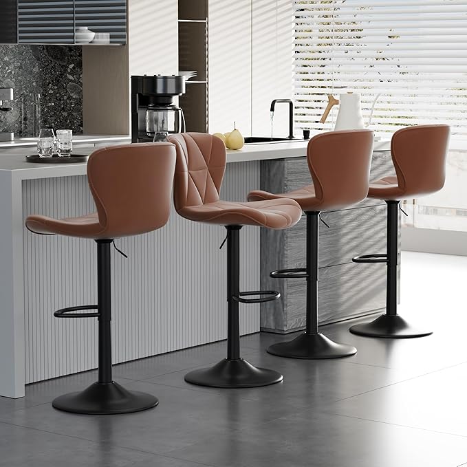 Bar Stools Set of 4,Adjustable Swivel Barstools, Faux Leather Bar Chairs,Upholstered Counter Height with High Backrest for Kitchen Island, Brown