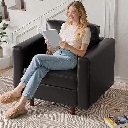 ABCASA Faux Leather Accent Chair with Ottoman,Upholstered Armchair with Storage,Extra-Deep-Seated Modular Single Sofa,Reading Chair with Footrest for Living Room Lounge Chair Black