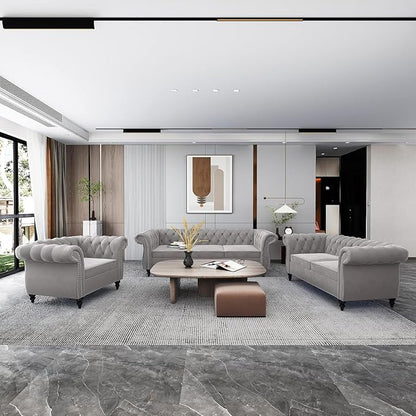 Living Room Chair, Modern Velvet Chesterfield Sofa Chair, Mid Century Single Sofa Couch Chair with Tufted Back and Rolled Arms, Accent Sofa Chair for Living Room Apartment, Grey