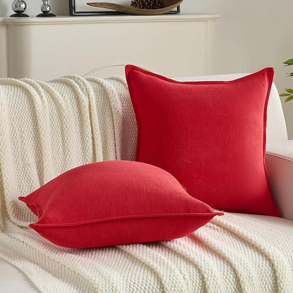 FUTEI Christmas Red Chenille Throw Pillow Covers 24x24 Inch Set of 2,Edges Double-Stitched European Cushion Cases,Modern Home Decor for Couch Living Room