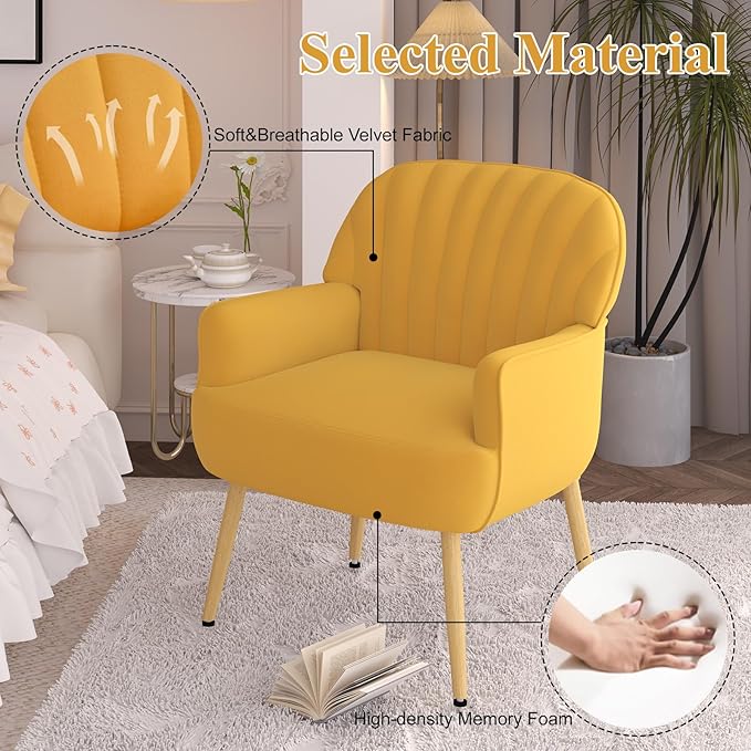 Velvet Accent Chair, Mid Century Modern Accent Chairs for Living Room, Comfy Upholstered Armchair with Metal Legs for Bedroom/Apartment/Office/Waiting Room, Yellow