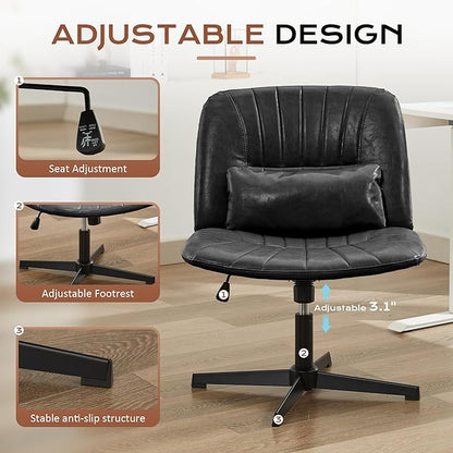 URRED Criss Cross Office Chair, Armless Cross-Legged Desk Chair with Fixed Legs, Height Adjustable Wide Seat Task Vanity Chair for Home Office or Bedroom (Black)