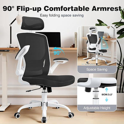 Ergonomic Office Chair, Computer Desk Chair Comfy with Adjustable Headrest, Lumbar Support, Flip-up Armrests, Gaming Chairs for Long Hours, White