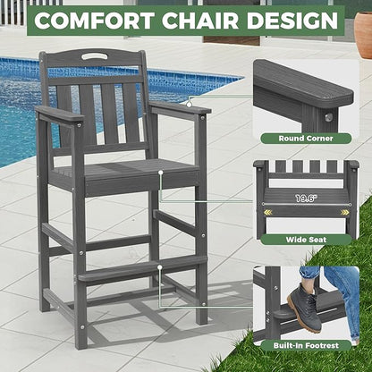 HDPE Outdoor Patio Tall Bar Chair, All-Weather Bar Height Balcony Adirondack Stools for Bistro, Garden, Backyard, Deck | Grey