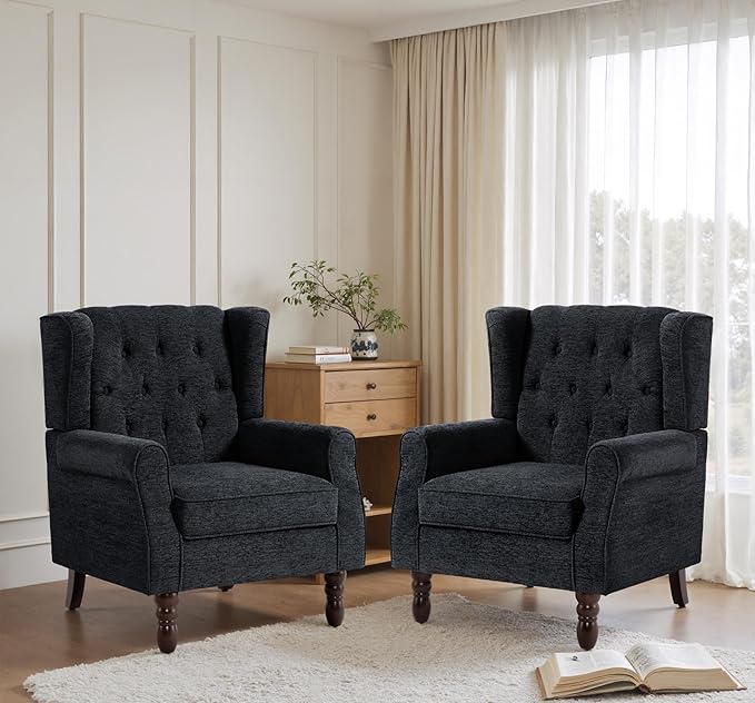 Lumibee High Back Accent Chair Set of 2,Upholstered Wingback Armchair with Solid Wood Legs for Small Spaces,Comfy Single Sofa Chair for Living Room,Bedroom,Office-Black Blue