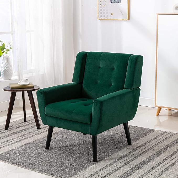 Dolonm Midcentury Modern Velvet Accent Chair with Arms, Upholstered Reading Side Chair Tufted Back Decorative Wingback Chair for Living Room Bedroom (Retro Green)
