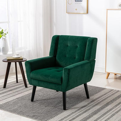 Dolonm Midcentury Modern Velvet Accent Chair with Arms, Upholstered Reading Side Chair Tufted Back Decorative Wingback Chair for Living Room Bedroom (Retro Green)