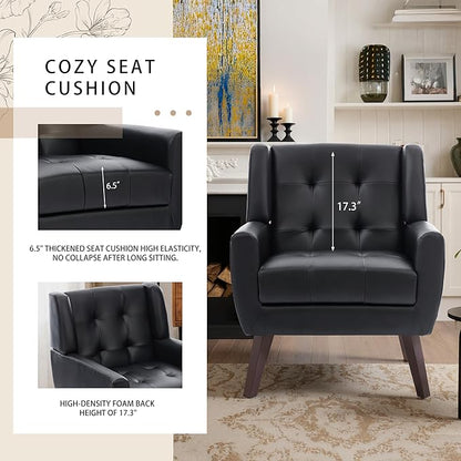 Faux Leather Accent Chairs Set of 4, Mid-Century Modern Upholstered Armchair, Comfy Living Room Chairs Reading Chairs with Button Tufted Back & Solid Wood Legs for Bedroom, Office, Black