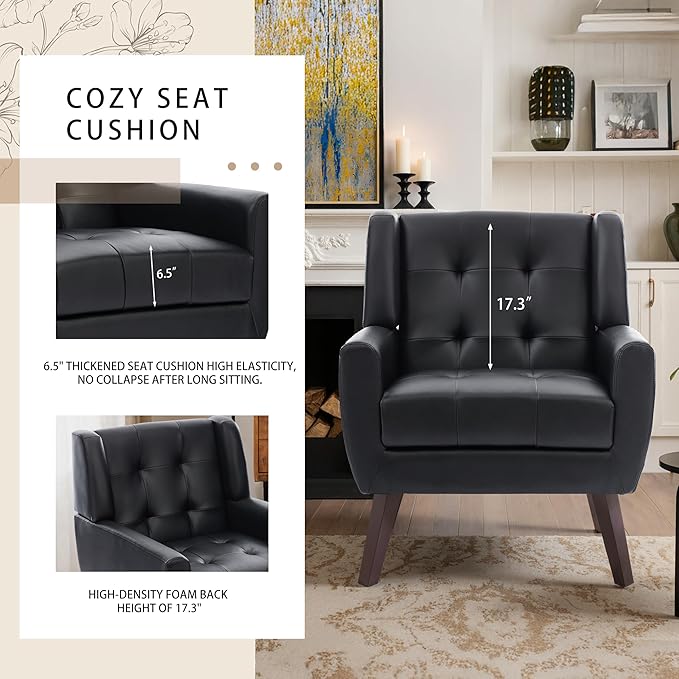 Faux Leather Accent Chairs Set of 2, Mid-Century Modern Upholstered Armchair, Comfy Living Room Chairs Reading Chairs with Button Tufted Back & Solid Wood Legs for Bedroom, Office, Black
