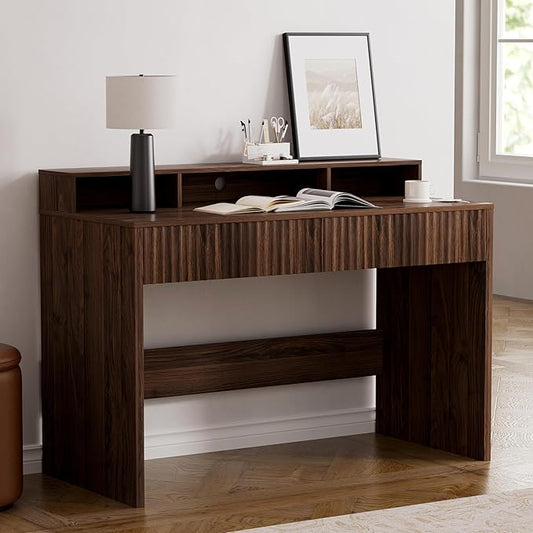 Fluted Executive Desk with Storage Shelf, 47" Modern Wood Home Office Desk with Long Monitor Stand & 2 Drawers, Writing Study Computer Table Vanity Desks, Brown