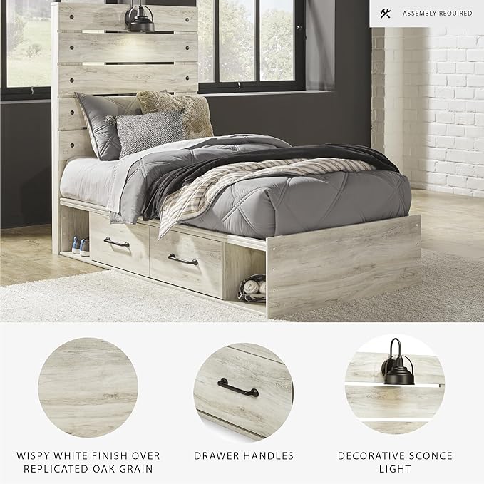 Signature Design by Ashley Cambeck Farmhouse Twin Panel Platform Bed with 2 Storage Drawers, Cubbies, Sconce Light and USB Ports, Foundation or Box Spring Not Needed, Whitewash