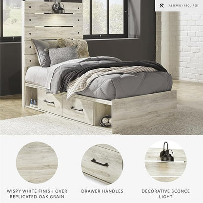 Signature Design by Ashley Cambeck Farmhouse Twin Panel Platform Bed with 2 Storage Drawers, Cubbies, Sconce Light and USB Ports, Foundation or Box Spring Not Needed, Whitewash