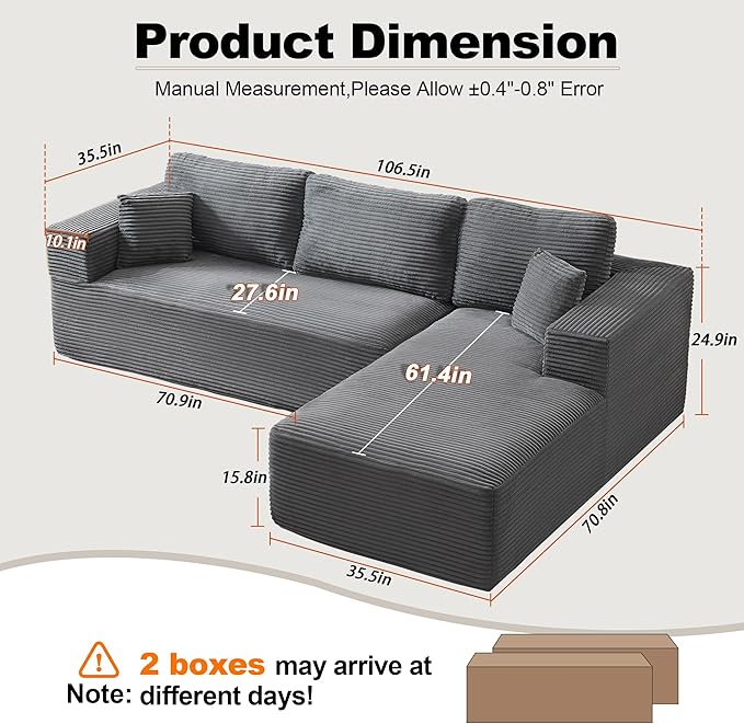 106" Cloud Modular Sectional Sofa Couch with L-Shape Chaise,Modern Boneless Sectional Couch with Deep Seat,Upholstered Couches for Living Room Bedroom,No Assembly Required,Dark Grey