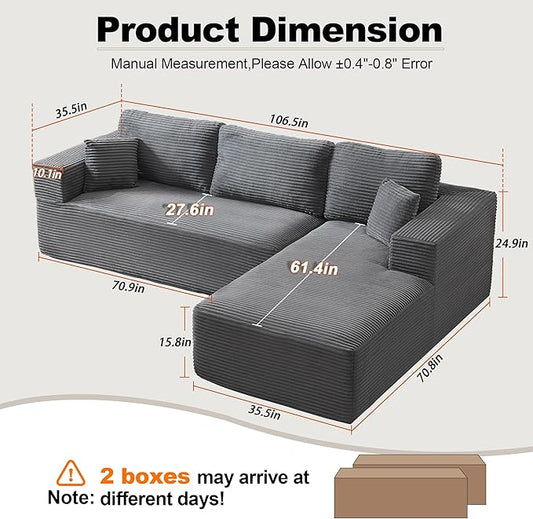106" Cloud Modular Sectional Sofa Couch with L-Shape Chaise,Modern Boneless Sectional Couch with Deep Seat,Upholstered Couches for Living Room Bedroom,No Assembly Required,Dark Grey