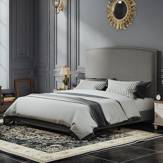 Full Size Bed Frame with Headboard, 56" Upholstered Platform Bed with Nailhead Trim, Soft Boucle Fabric, No Box Spring Needed, Easy Assembly, Grey