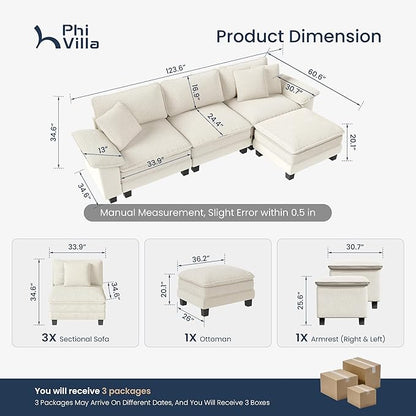 PHI VILLA Cloud Modular Couch Sets, 123.6" Sectional Sofa with L-Shaped Chaise Ottoman, 4-Seater Couches with Upholstered Deep Seat for Living Room, Chenille Corduroy Dual Fabric, Beige