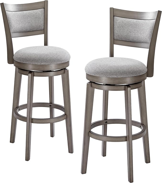 PrimeZone Swivel Bar Stools Set of 2, 30 Inch Bar Height Barstools, High Back Bar Stool with Solid Wood Legs & Wrap-Around Footrest, Counter Stools for Kitchen Island, Pub, Grey