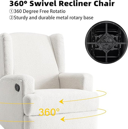 Boucle Swivel Glider Recliner Chair for Adults - Plush High Back Rocker with Deep Seat, Manual Reclining Upholstered Armchair for Living Room or Nursery, Textured Fabric Accent Chair-White