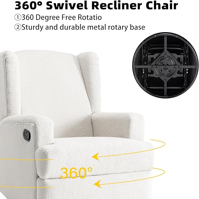 Boucle Swivel Glider Recliner Chairs Set of 2 for Adults - Plush High Back Rockers with Deep Seat, Coordinating Manual Recliners for Living Room, Luxury Upholstered Armchairs-White
