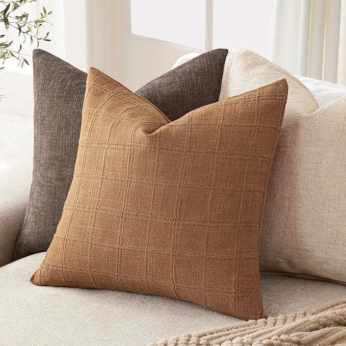 Foindtower Set of 2 Decorative Linen Check Throw Pillow Covers Neutral Farmhouse Vintage Cushion Covers Modern Boho Home Decor for Sofa Chair Couch Bedroom Living Room,16×16 Inch,Brick