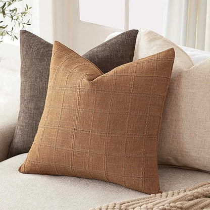 Foindtower Set of 2 Decorative Linen Check Throw Pillow Covers Neutral Farmhouse Vintage Cushion Covers Modern Boho Home Decor for Sofa Chair Couch Bedroom Living Room,20×20 Inch,Brick