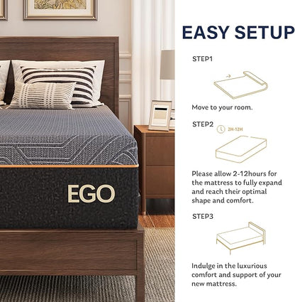 EGOHOME 14 Inch Queen Mattress, Copper Gel Memory Foam Mattress for Pain Relief, Therapeutic Mattress in a Box, CertiPUR-US Certified, Fiberglass Free Medium Mattress, Black