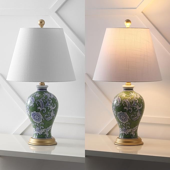 JONATHAN Y JYL3009F Grace 24" French Country Cottage Ceramic/Iron Floral Urn LED Table Lamp, Green/White for Bedroom, Living Room, Office, College