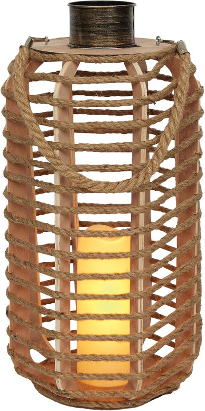 Alpine Corporation SKY392TM 28" H, Hemp Rope Wooden Lantern with Flickering LED Lights, Garden Decor for Patio, Lawn, and Yard