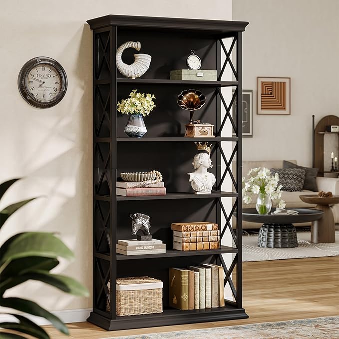 Tribesigns 71-Inch Tall Bookcase, 5-Tier Industrial Metal Bookshelf, Large Etagere Bookcases and Bookshelves, Freestanding Display Shelves for Living Room, Bedroom, Black