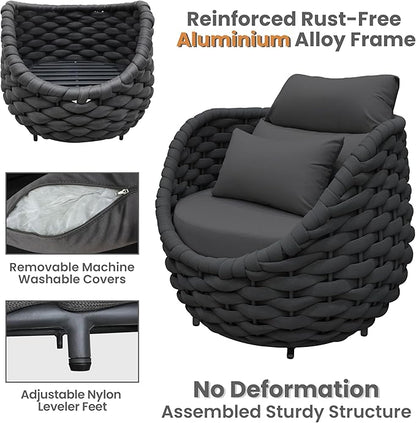 Aluminum Rope Patio Furniture Set: 6 Pieces Assembled Outdoor Conversation Sofa Set for 7 - Modern Metal Couch Set Cushioned - All Weather Porch Seating for Deck Garden Lanai Hotel, Dark Gray